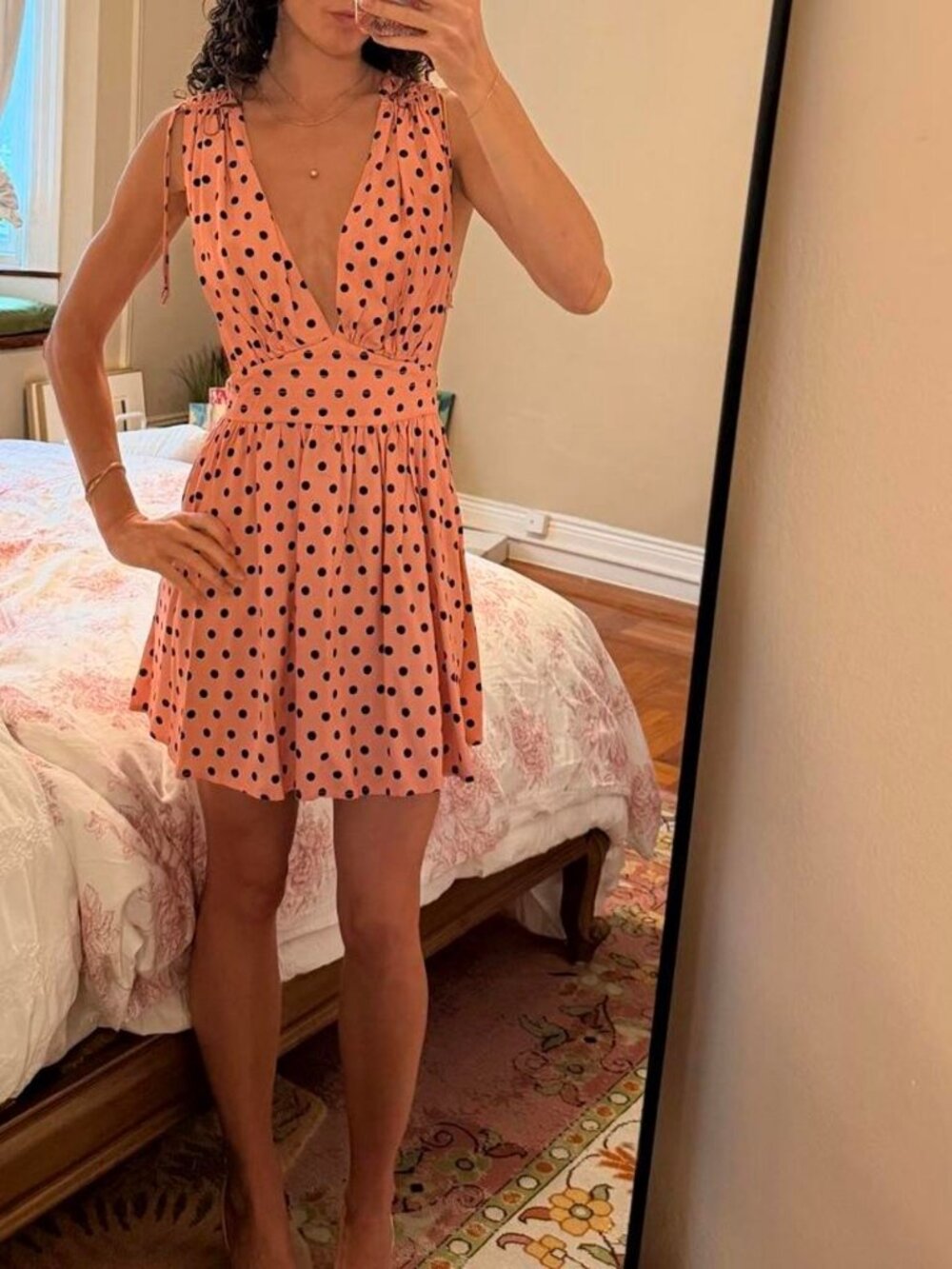 For love and lemons pink mini dress with black polka dots and adjustable straps